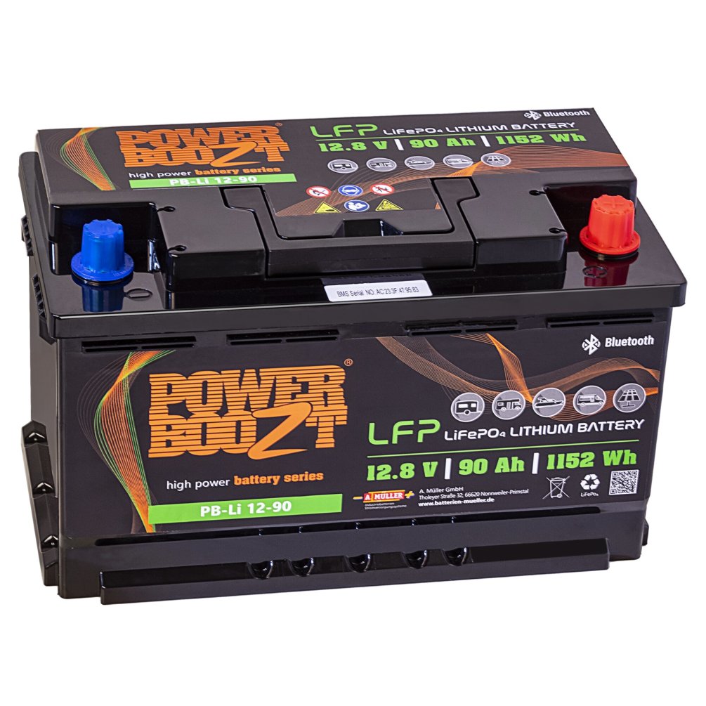 PowerBoozt PB-Li12-90D Lithium Batterij 12.8V 90Ah 12kg 318x176x188